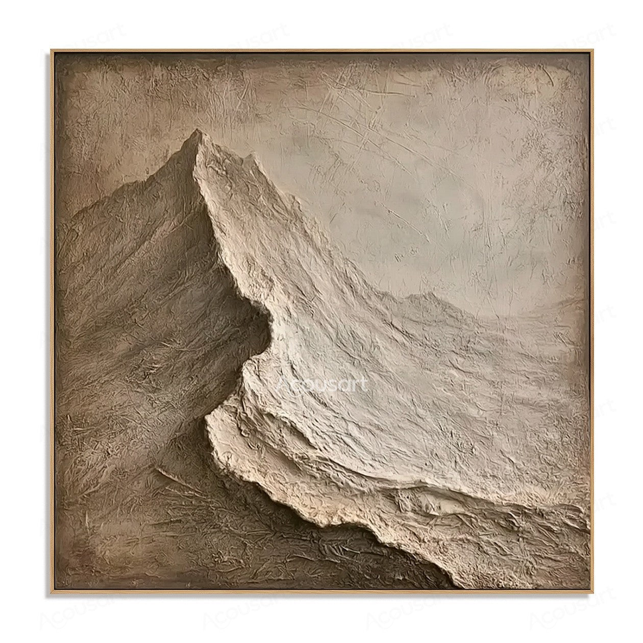 Neutral textured abstract mountain wall art in beige and brown with 3D plaster texture
