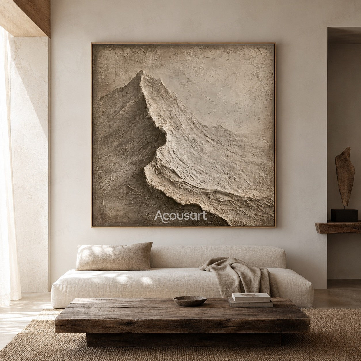 Neutral textured abstract mountain wall art in beige and brown with 3D plaster texture