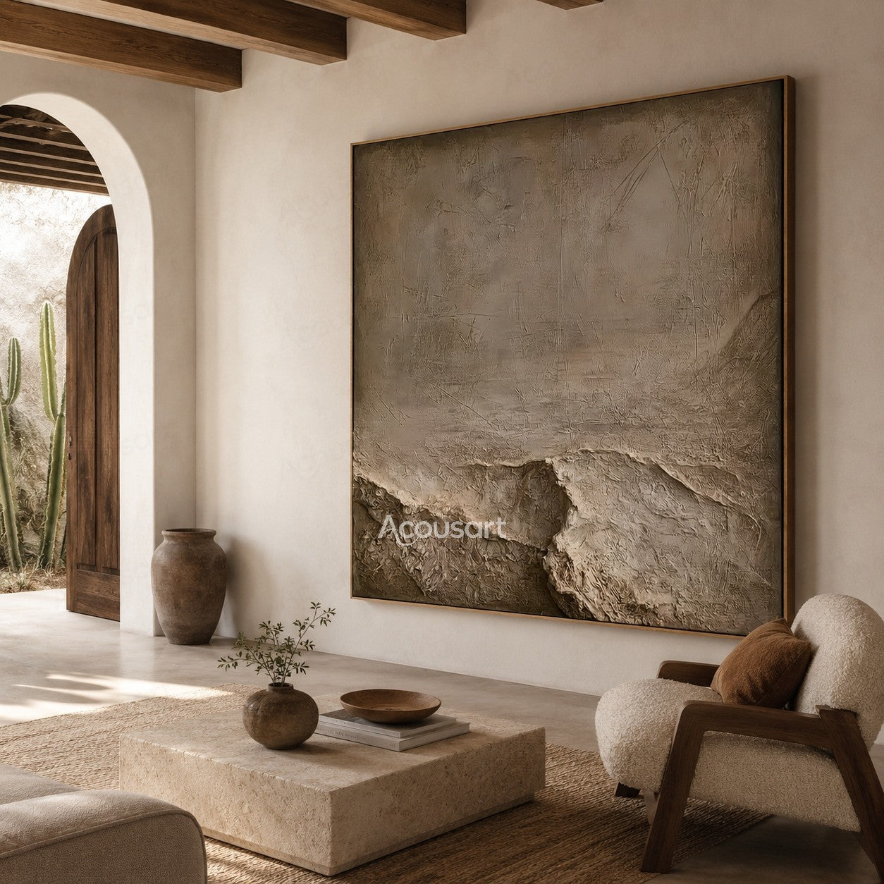 Neutral textured abstract stone wall art with layered beige rock texture and natural landscape design