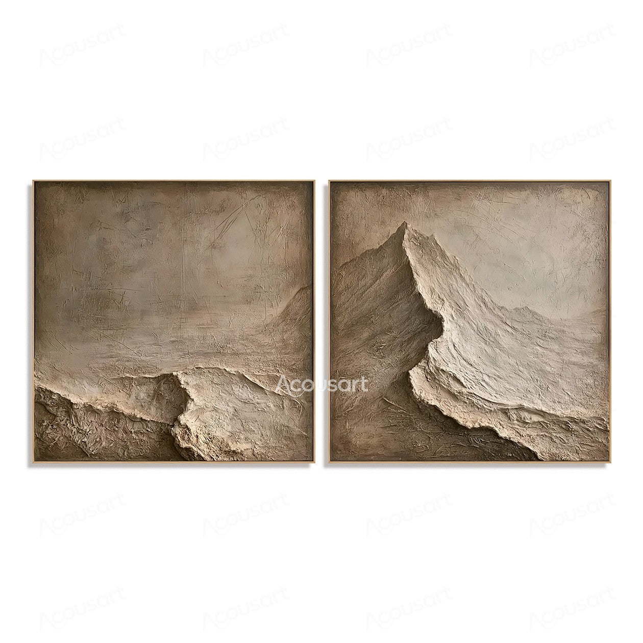 Neutral textured mountain diptych wall art with beige stone layers and 3D abstract landscape design
