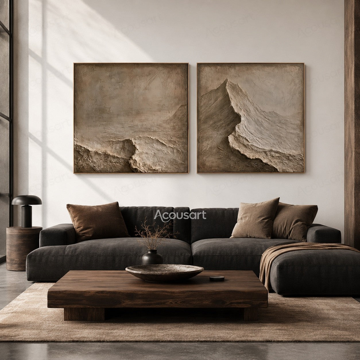 Neutral textured mountain diptych wall art with beige stone layers and 3D abstract landscape design