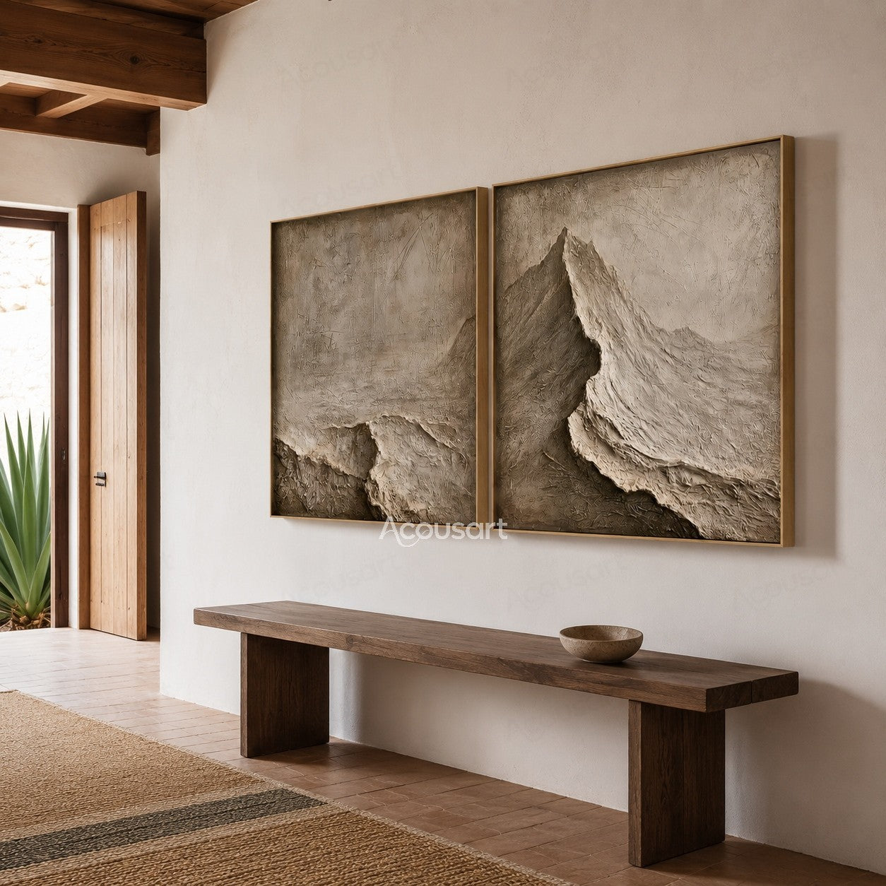 Neutral textured mountain diptych wall art with beige stone layers and 3D abstract landscape design