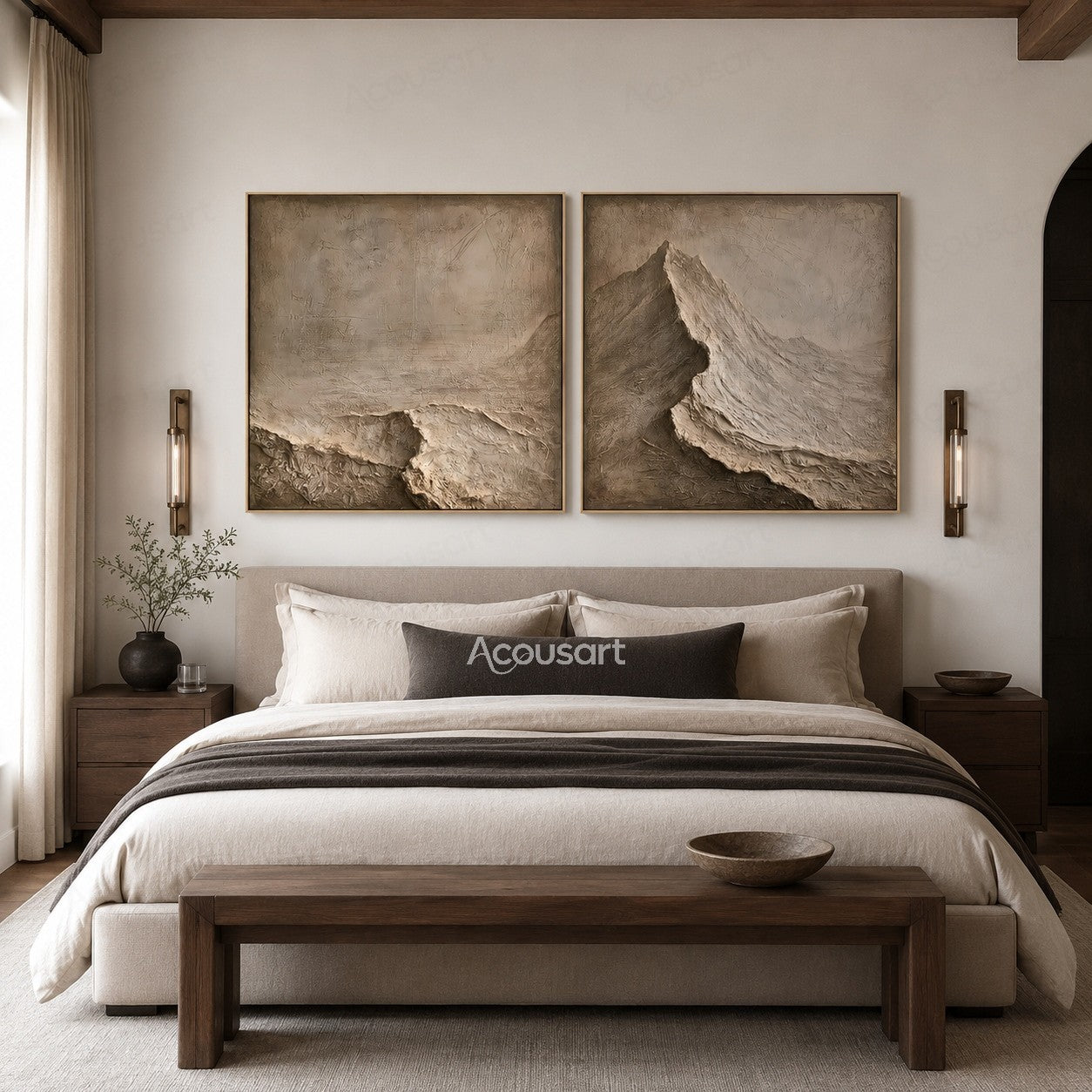 Neutral textured mountain diptych wall art with beige stone layers and 3D abstract landscape design
