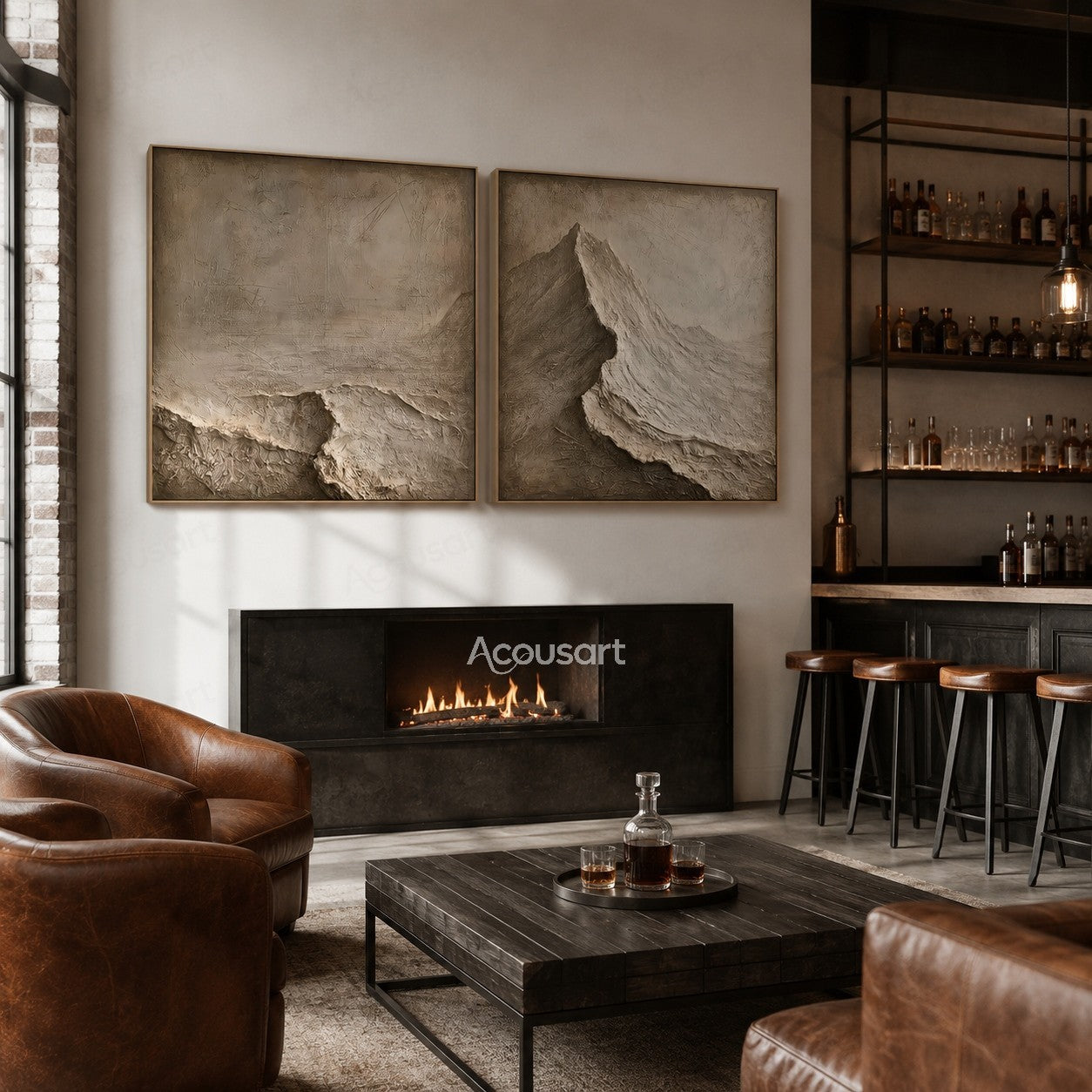 Neutral textured mountain diptych wall art with beige stone layers and 3D abstract landscape design