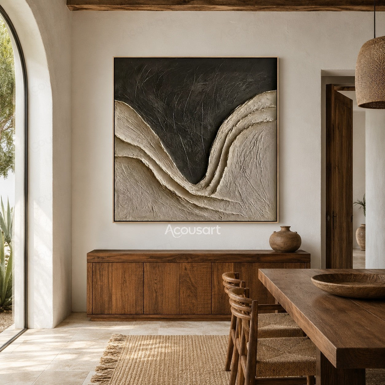 Neutral textured abstract wave wall art with beige layers and dark charcoal background