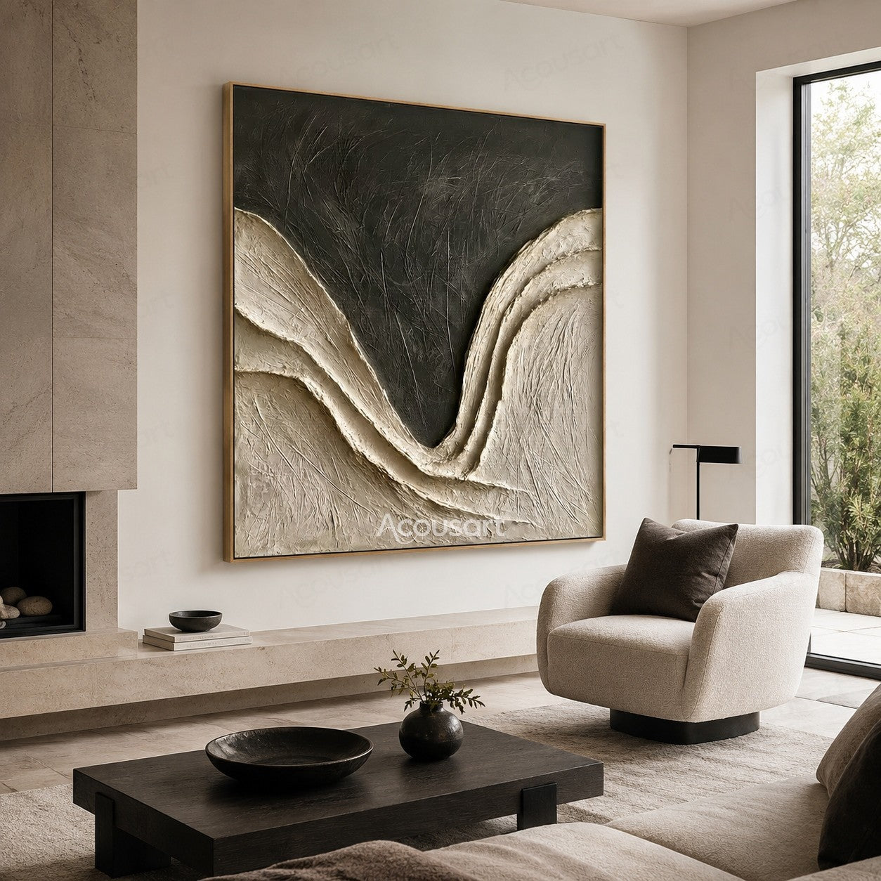 Neutral textured abstract wave wall art with beige layers and dark charcoal background