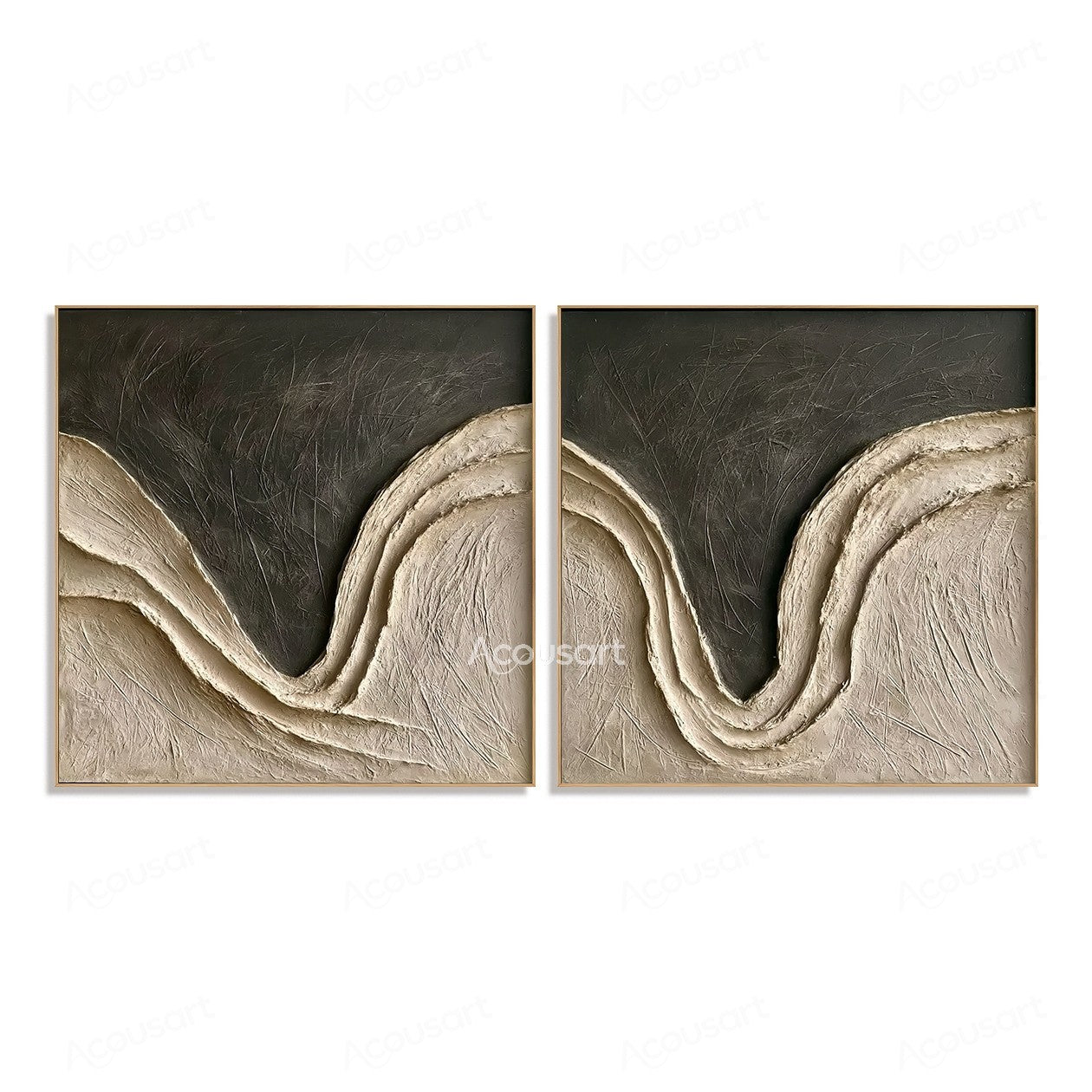 Black and beige textured diptych wall art with flowing curved lines and 3D abstract texture