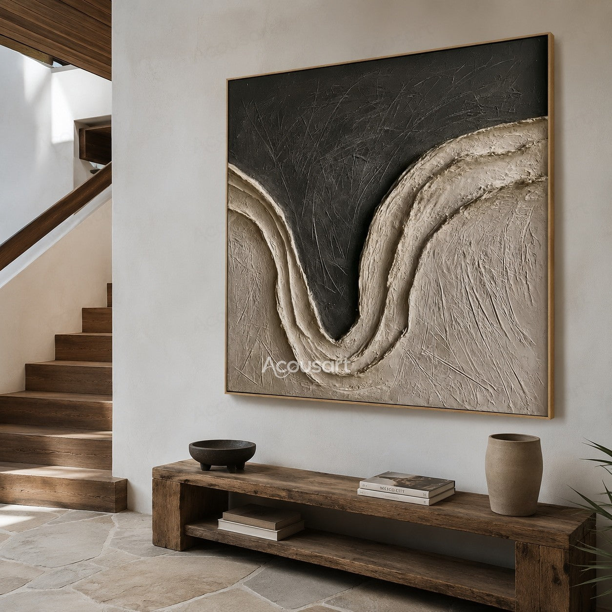 Black and beige textured abstract wall art with curved wave design