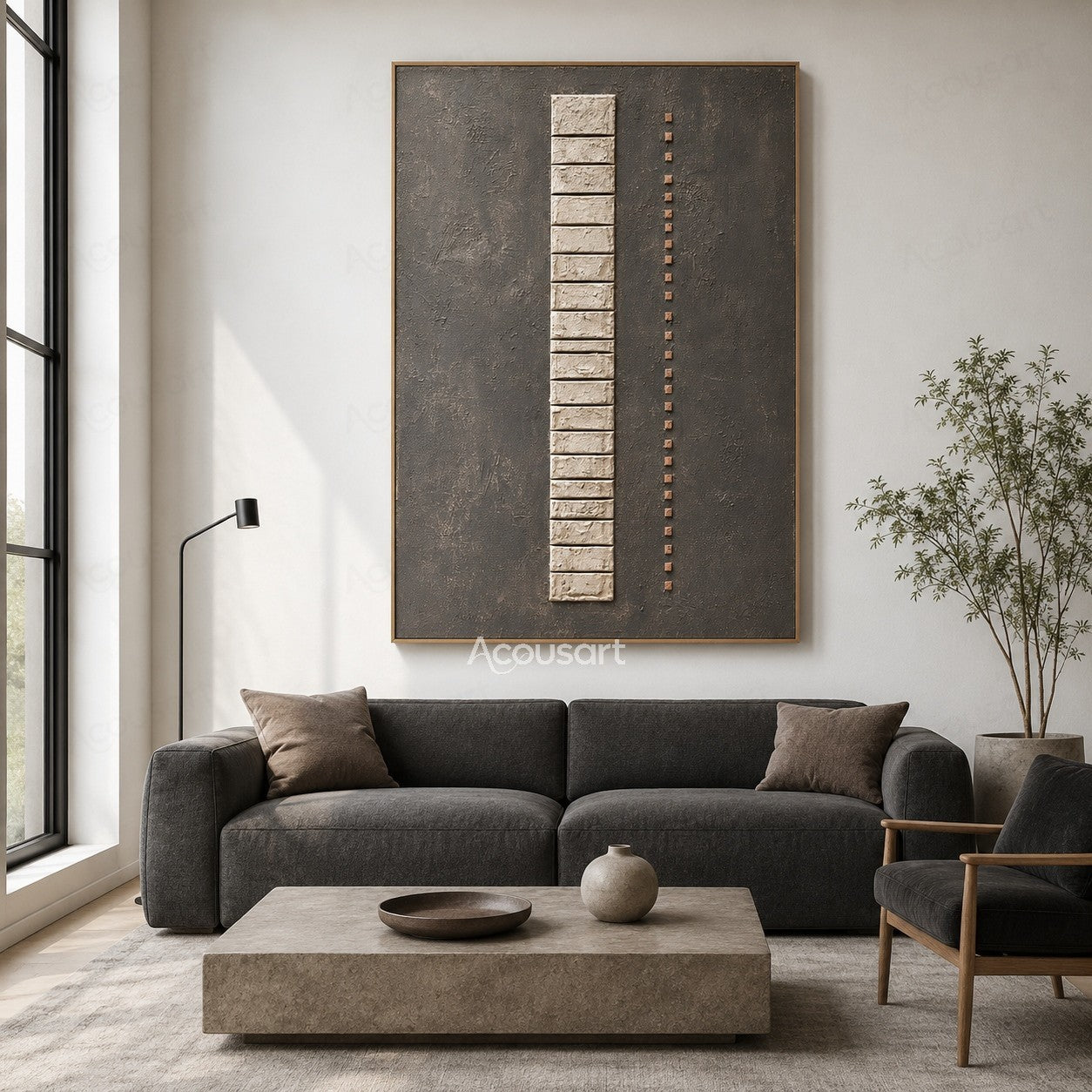 Neutral textured geometric abstract wall art with raised cream blocks on a gray background
