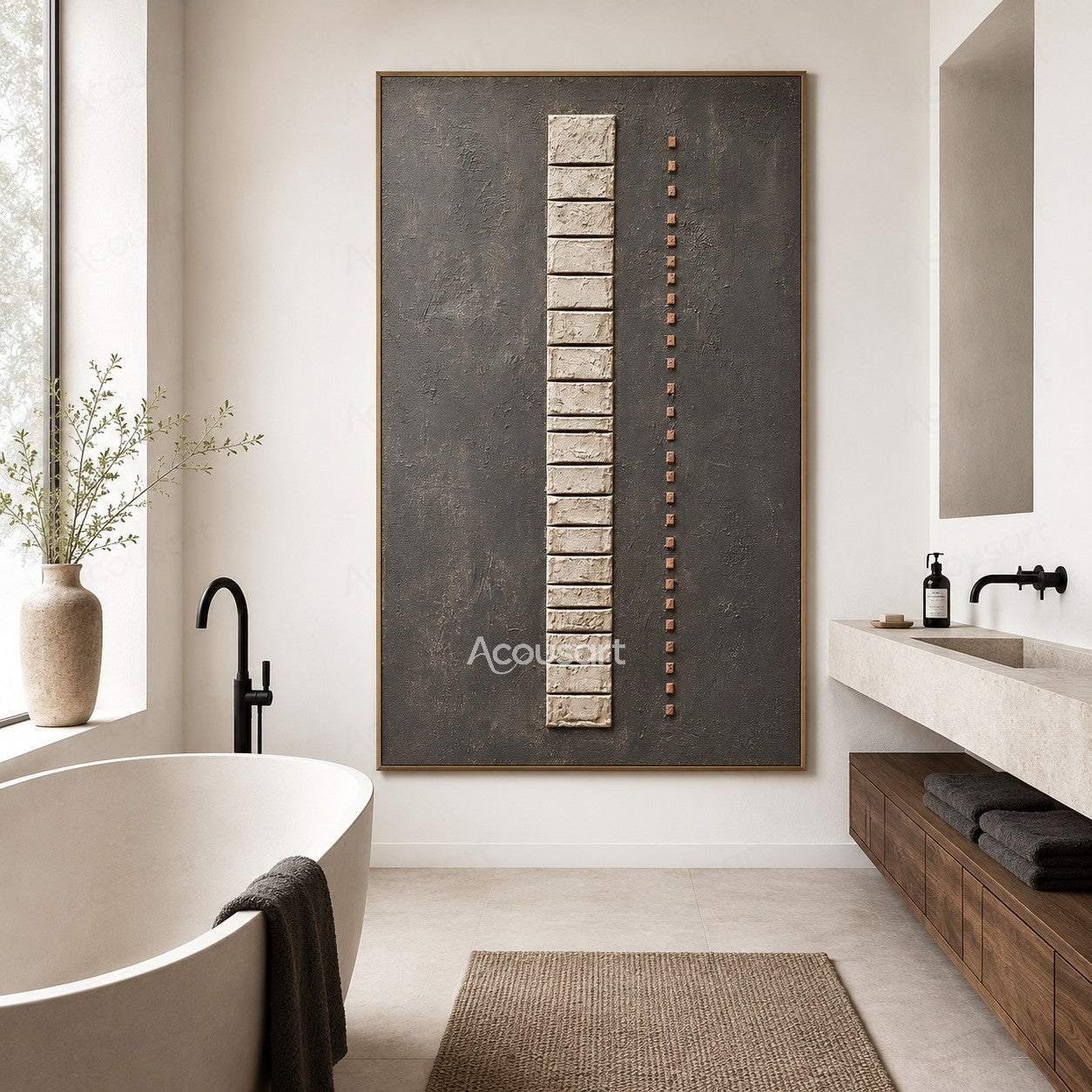 Neutral textured geometric abstract wall art with raised cream blocks on a gray background