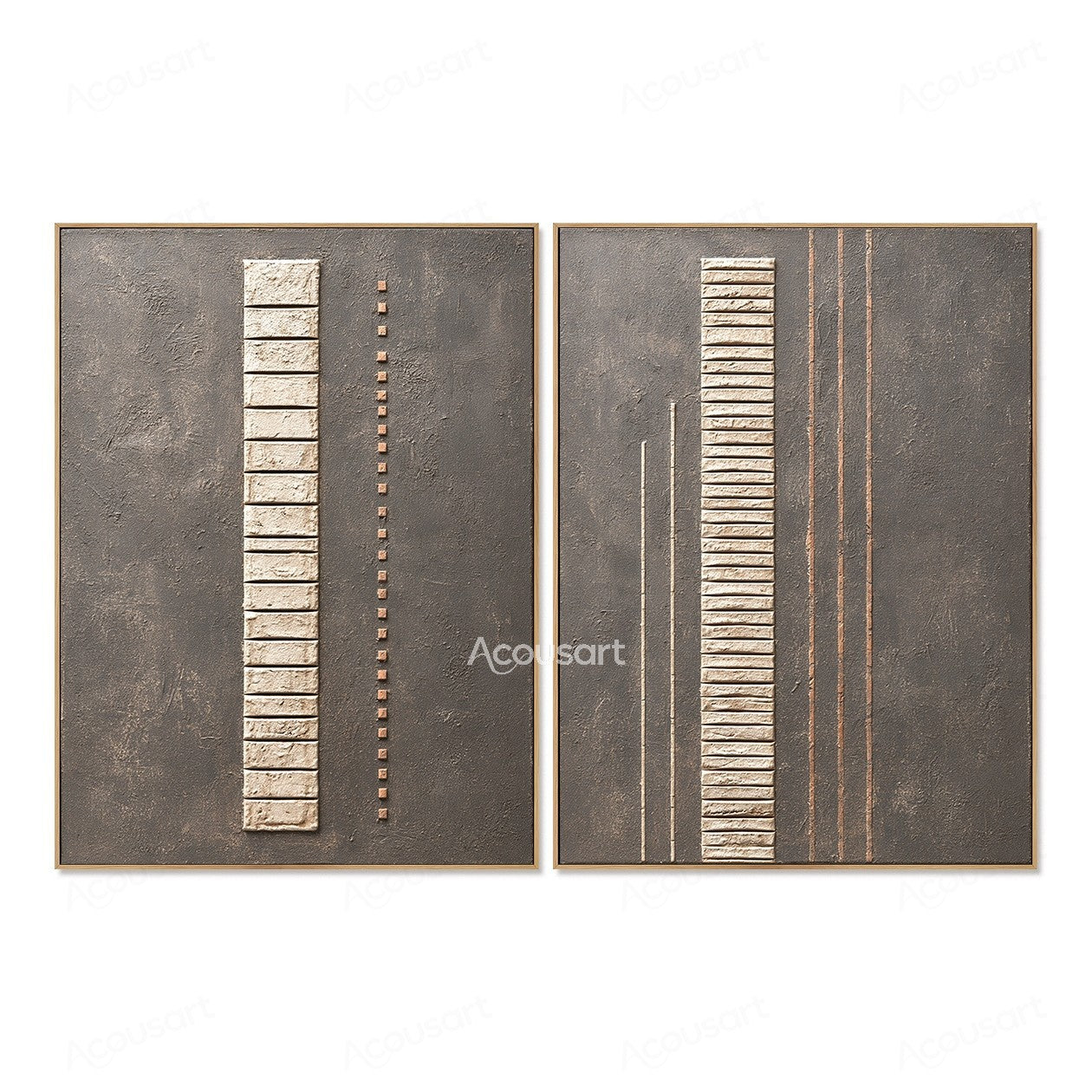 Minimalist textured diptych wall art with gray background, cream vertical blocks, and copper line details