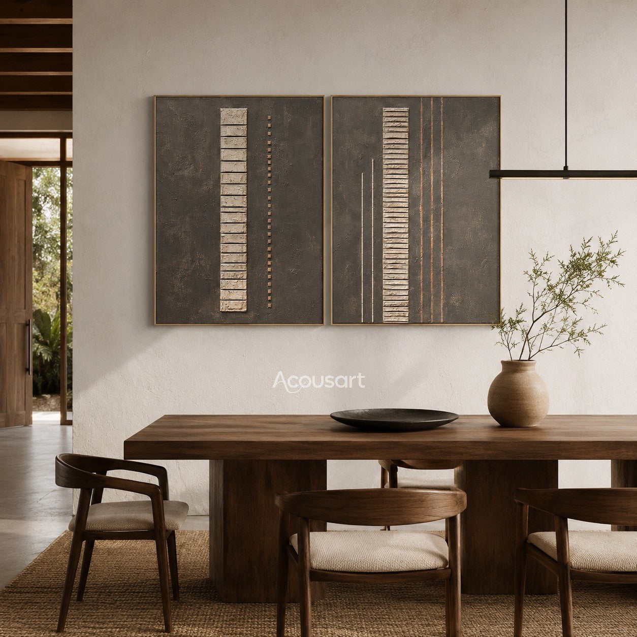 Minimalist textured diptych wall art with gray background, cream vertical blocks, and copper line details