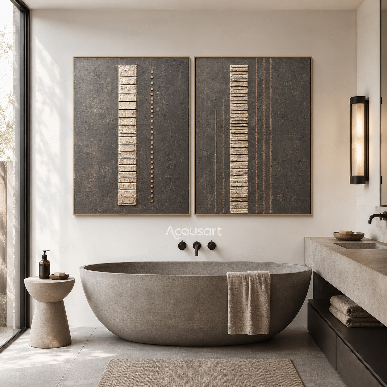 Minimalist textured diptych wall art with gray background, cream vertical blocks, and copper line details