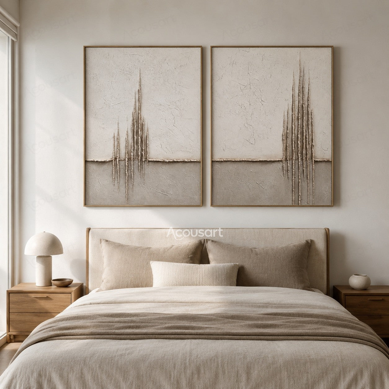 Minimalist textured diptych wall art with beige background and raised vertical line details