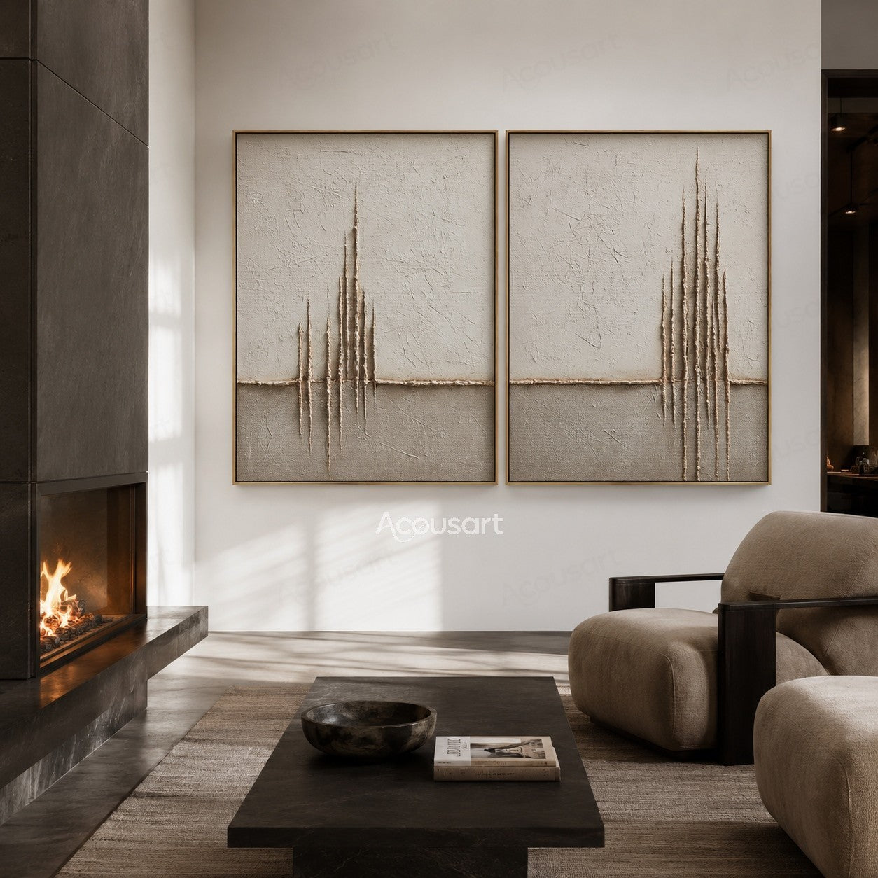Minimalist textured diptych wall art with beige background and raised vertical line details