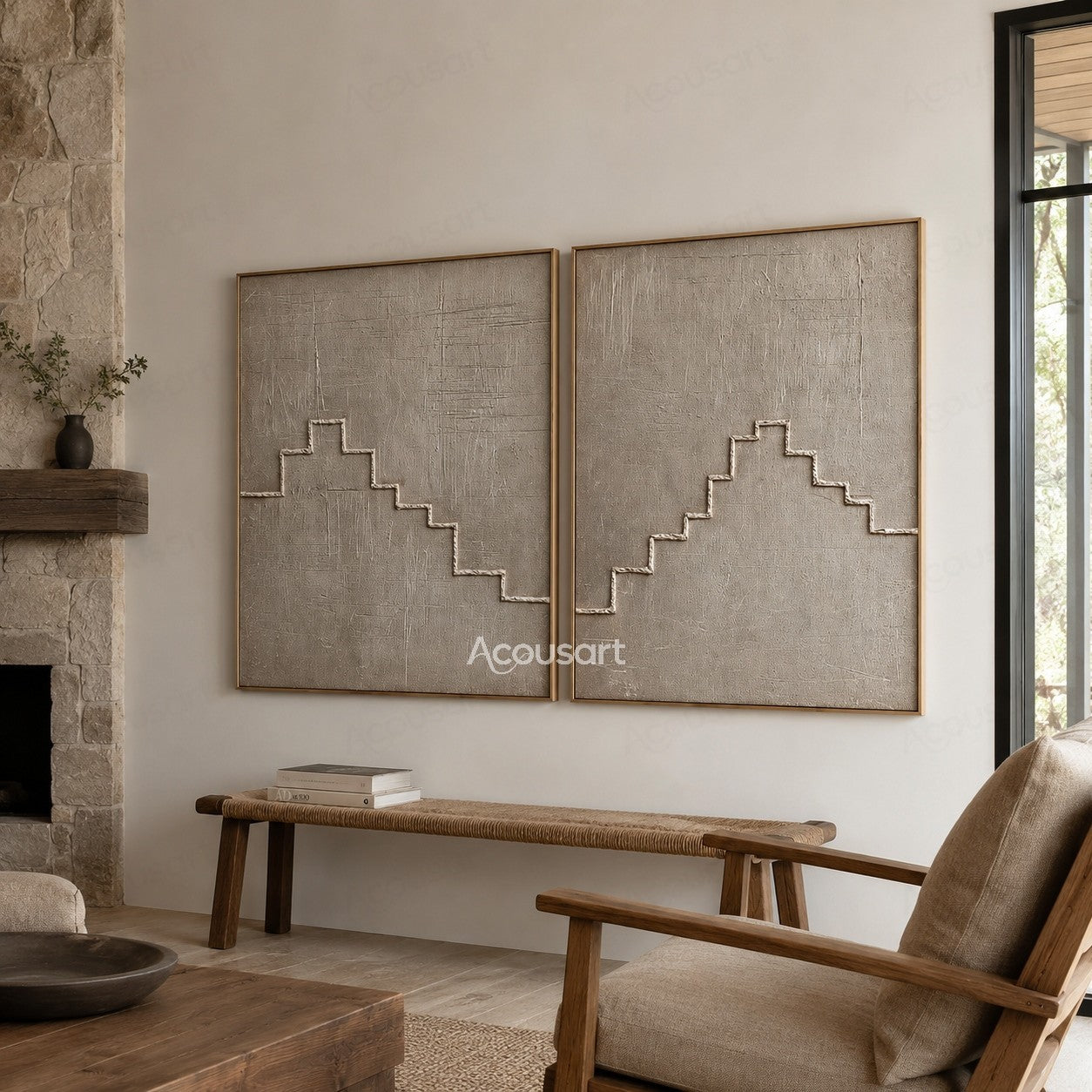 Minimalist textured geometric diptych wall art with beige background and raised staircase line design