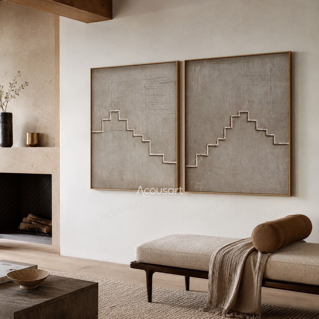 Minimalist textured geometric diptych wall art with beige background and raised staircase line design