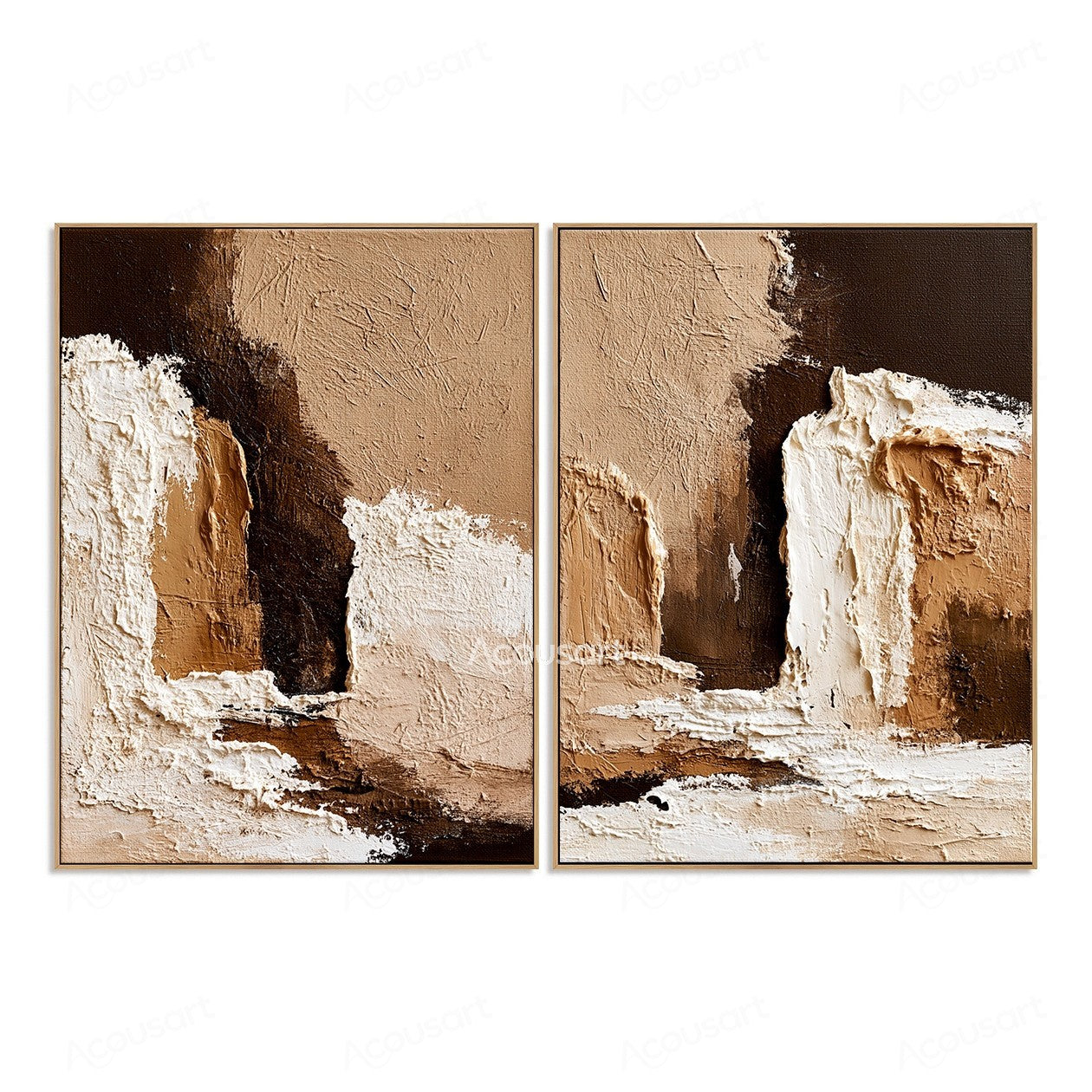 Neutral abstract diptych wall art with textured beige, brown, and white layered design
