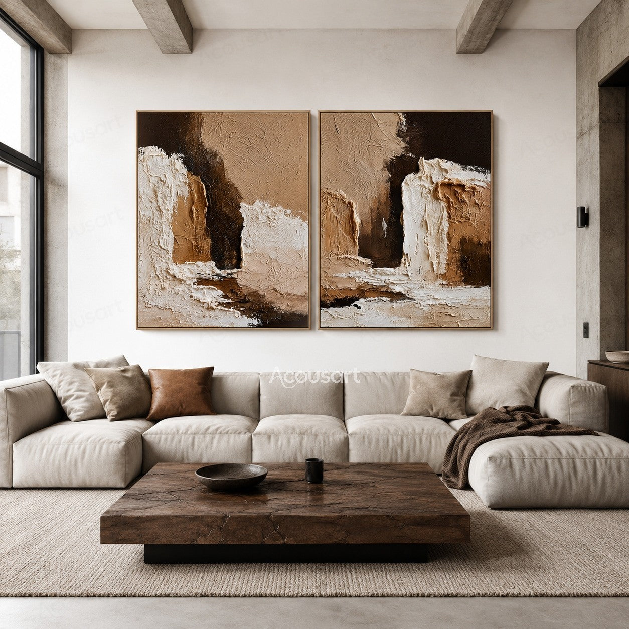 Neutral abstract diptych wall art with textured beige, brown, and white layered design