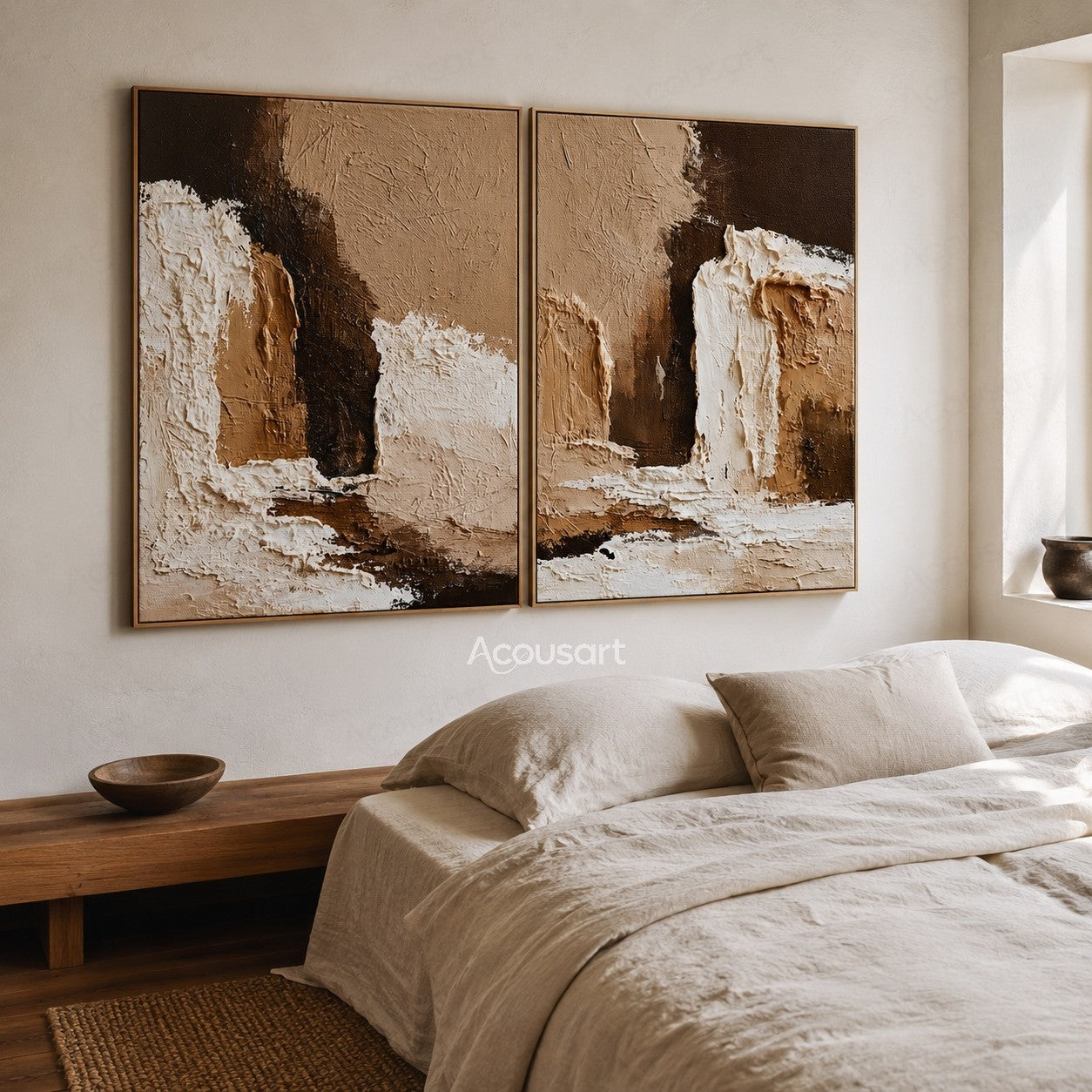 Neutral abstract diptych wall art with textured beige, brown, and white layered design