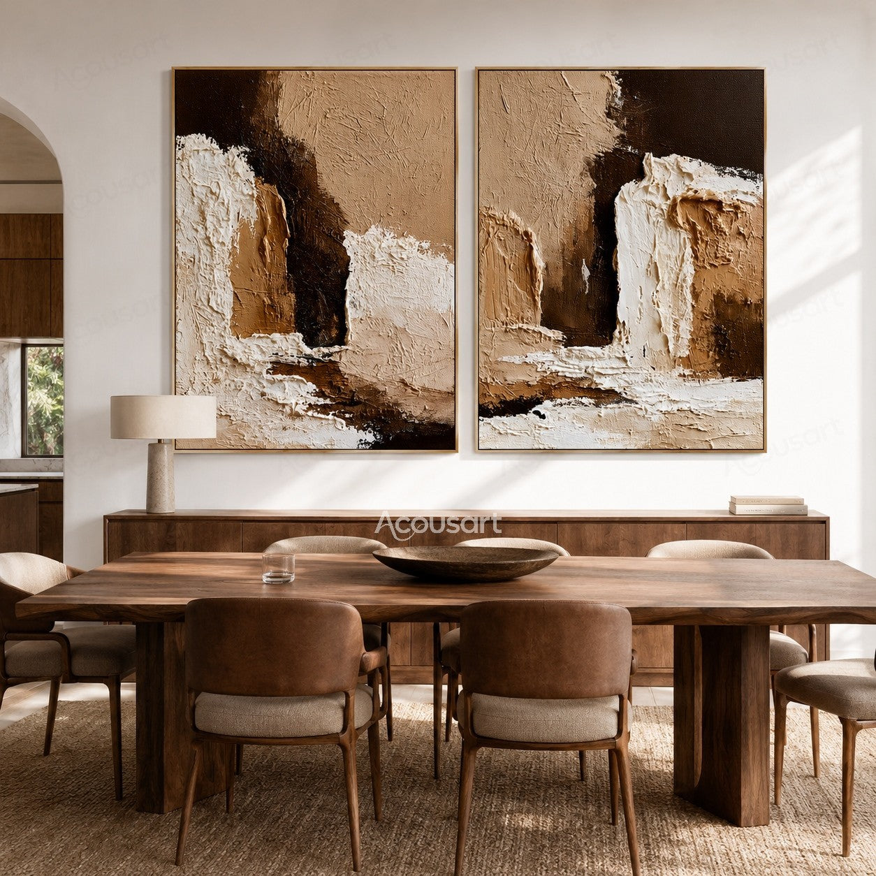 Neutral abstract diptych wall art with textured beige, brown, and white layered design