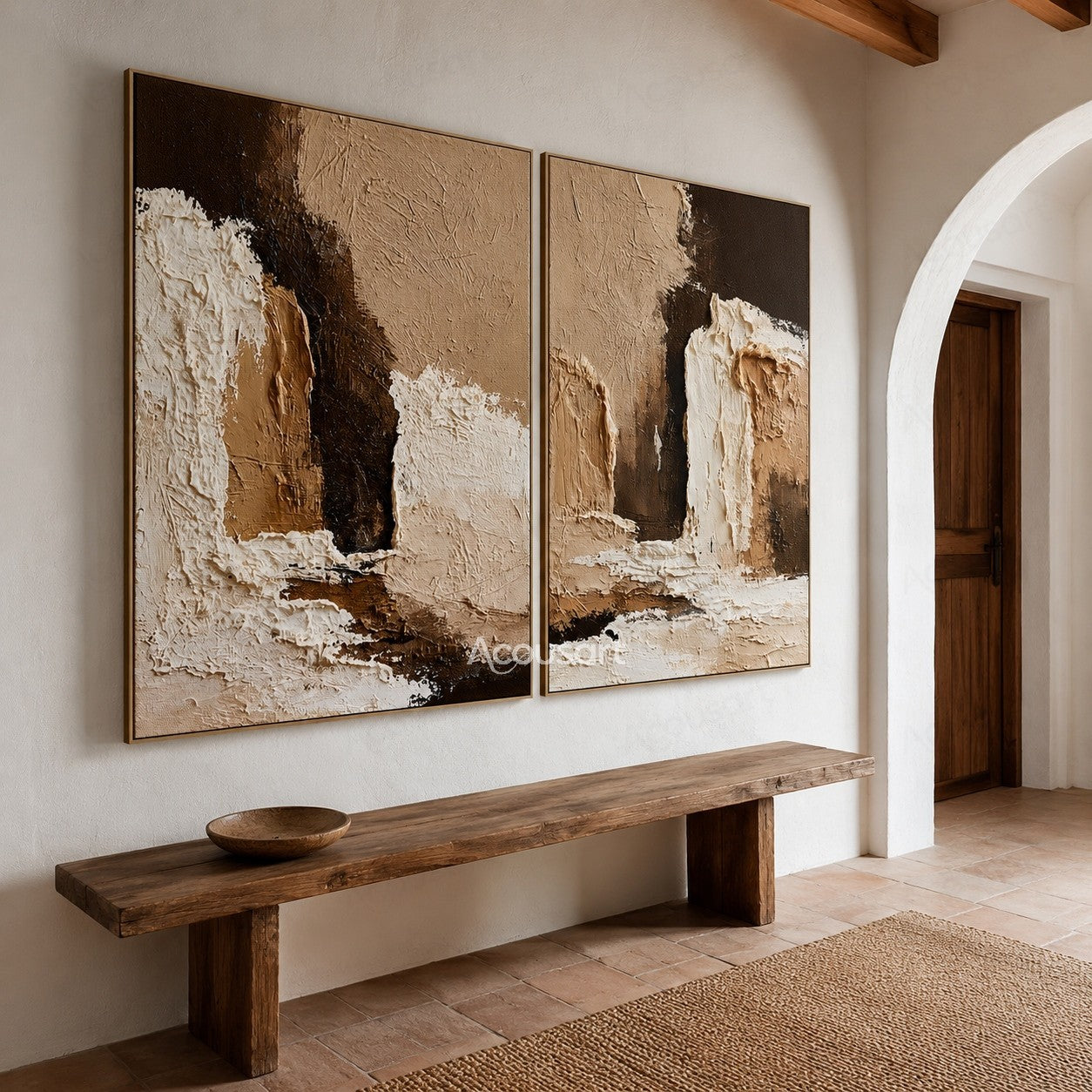 Neutral abstract diptych wall art with textured beige, brown, and white layered design