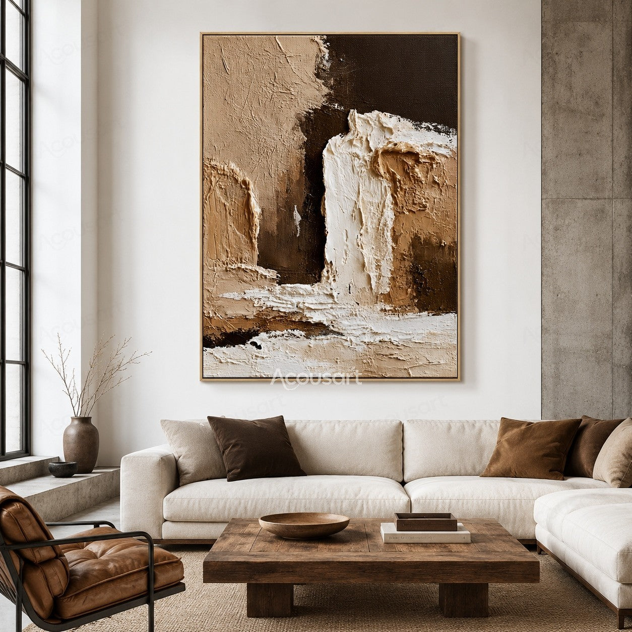 Neutral textured abstract wall art with layered plaster texture in beige, black, brown, and white tones