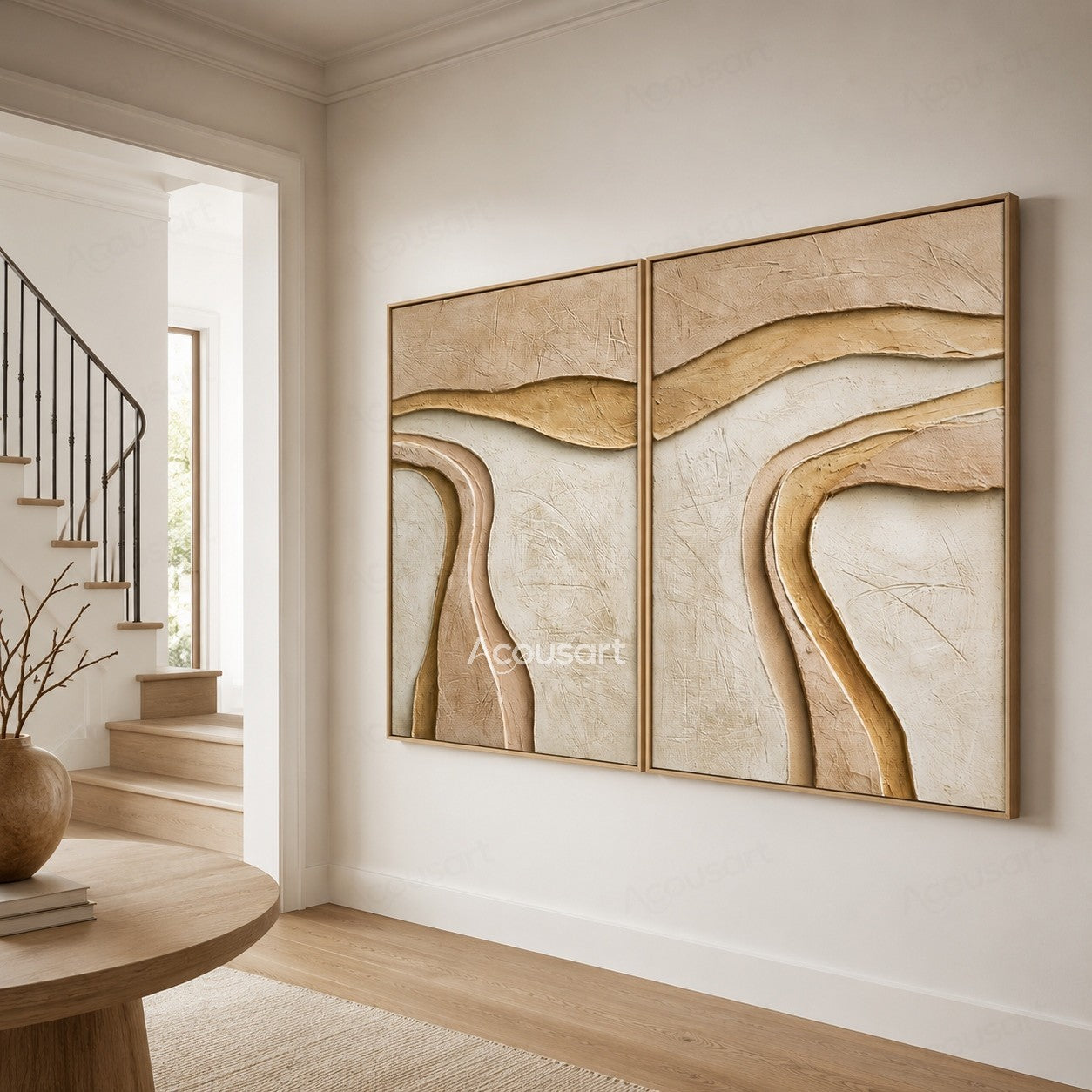 Neutral textured abstract diptych wall art with flowing curved layers in beige, cream, and sand tones