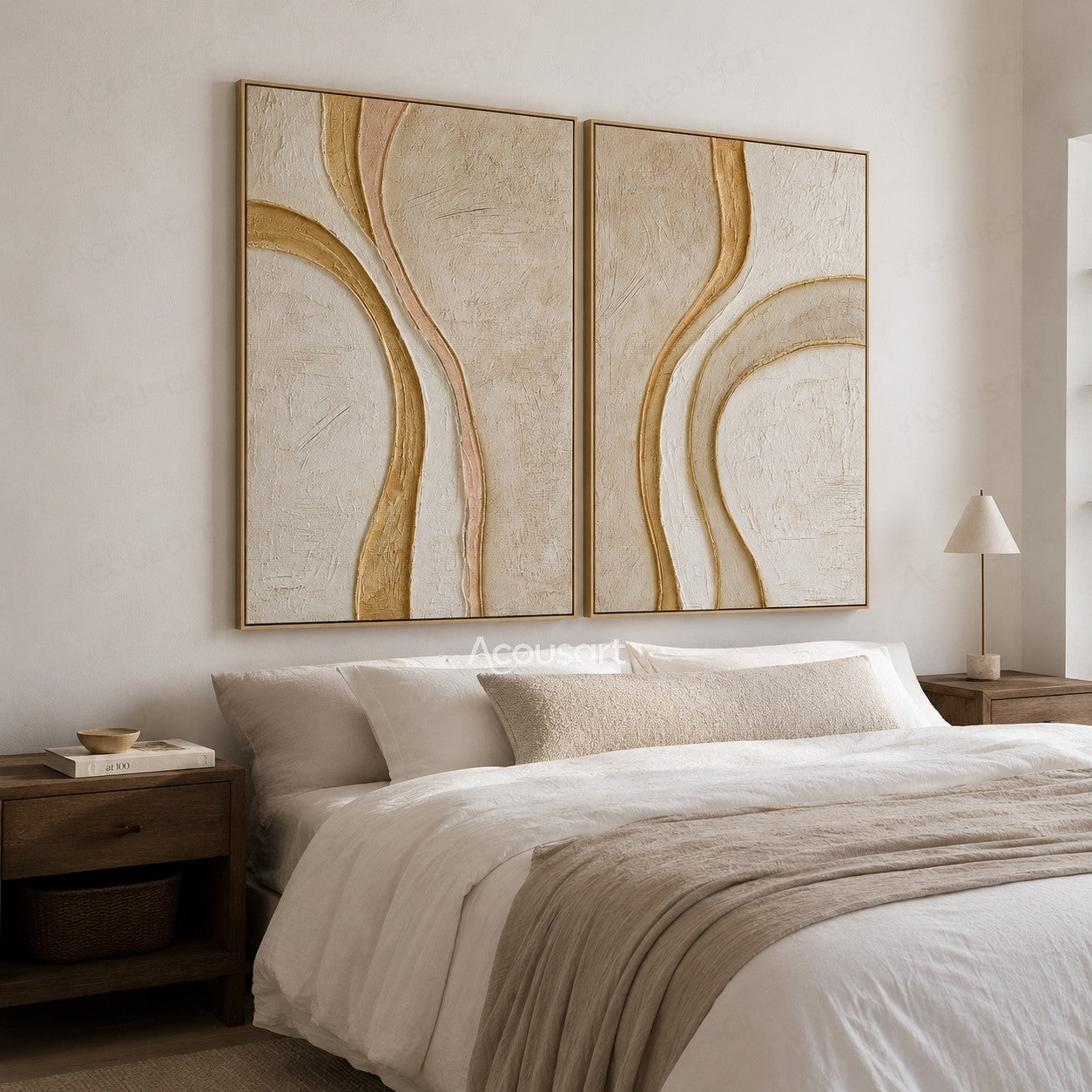 Neutral textured abstract wall art set with flowing curved lines in beige, cream, and gold tones