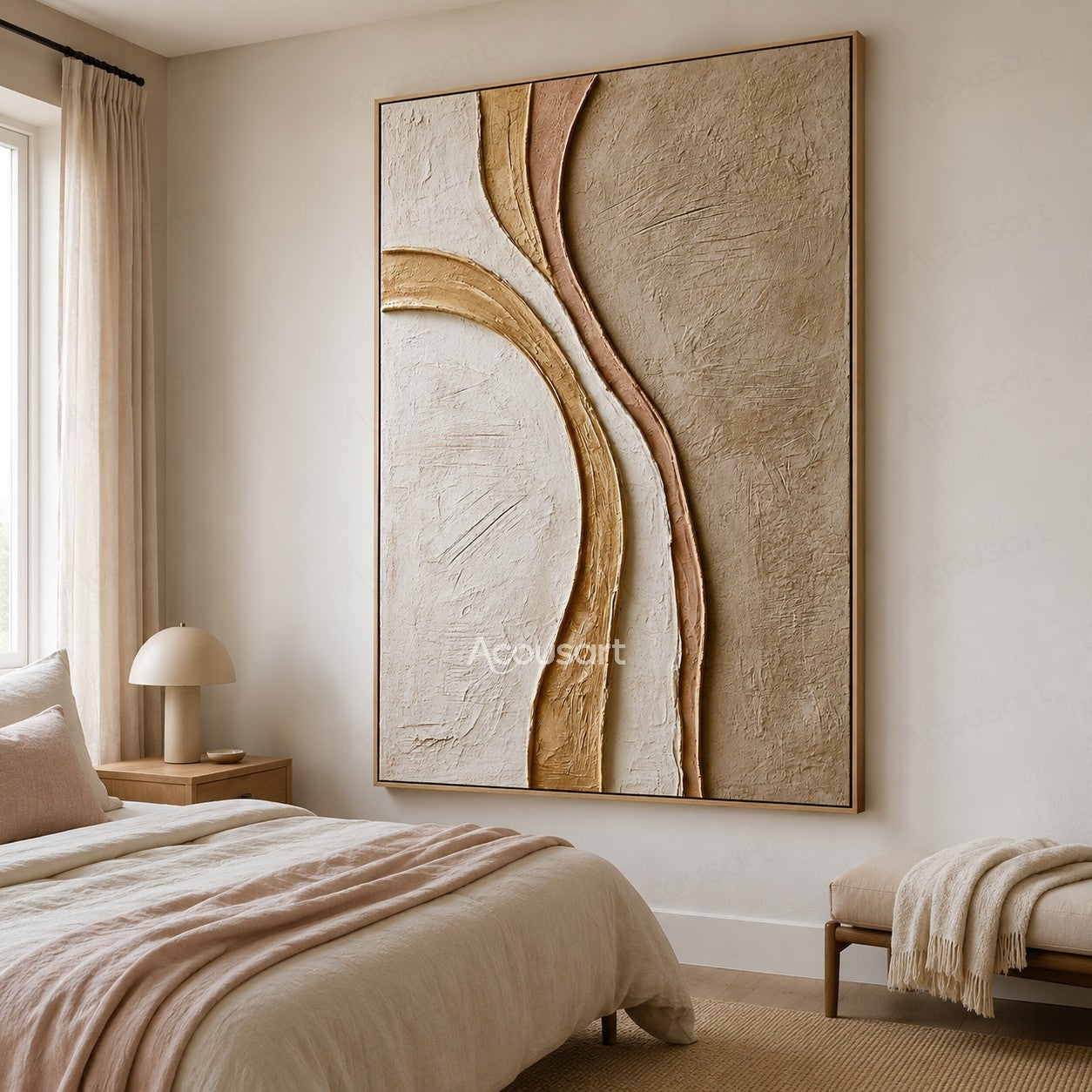 Neutral textured abstract wall art with curved lines in cream, beige, blush, and warm sand tones