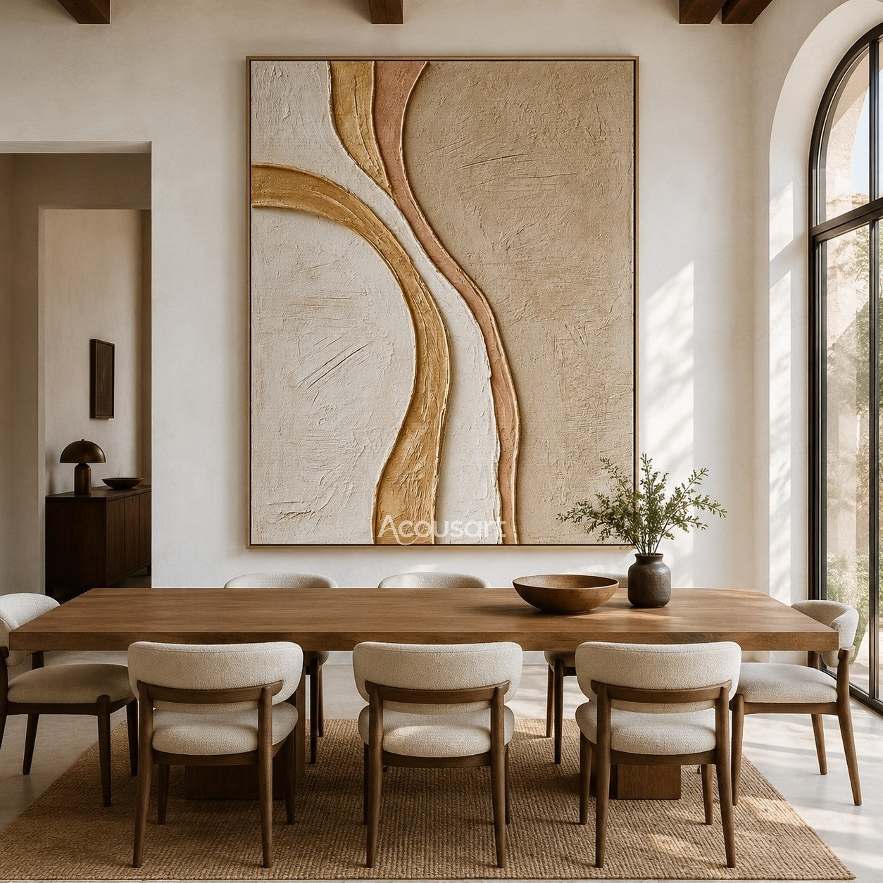 Neutral textured abstract wall art with curved lines in cream, beige, blush, and warm sand tones