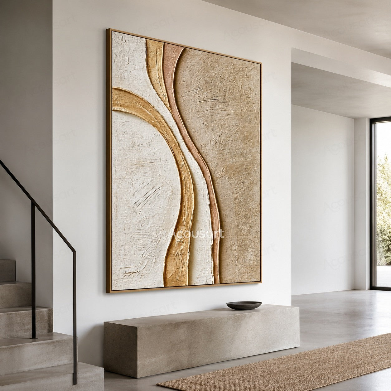 Neutral textured abstract wall art with curved lines in cream, beige, blush, and warm sand tones