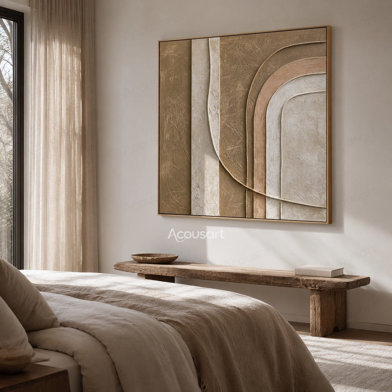 Neutral textured abstract wall art with layered curved shapes in beige and cream tones