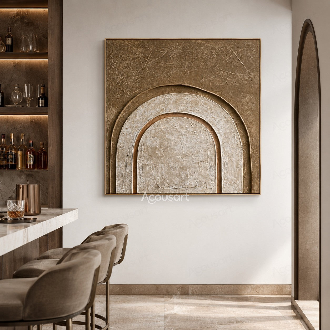 Neutral textured abstract arch wall art with layered cream and beige curved shapes