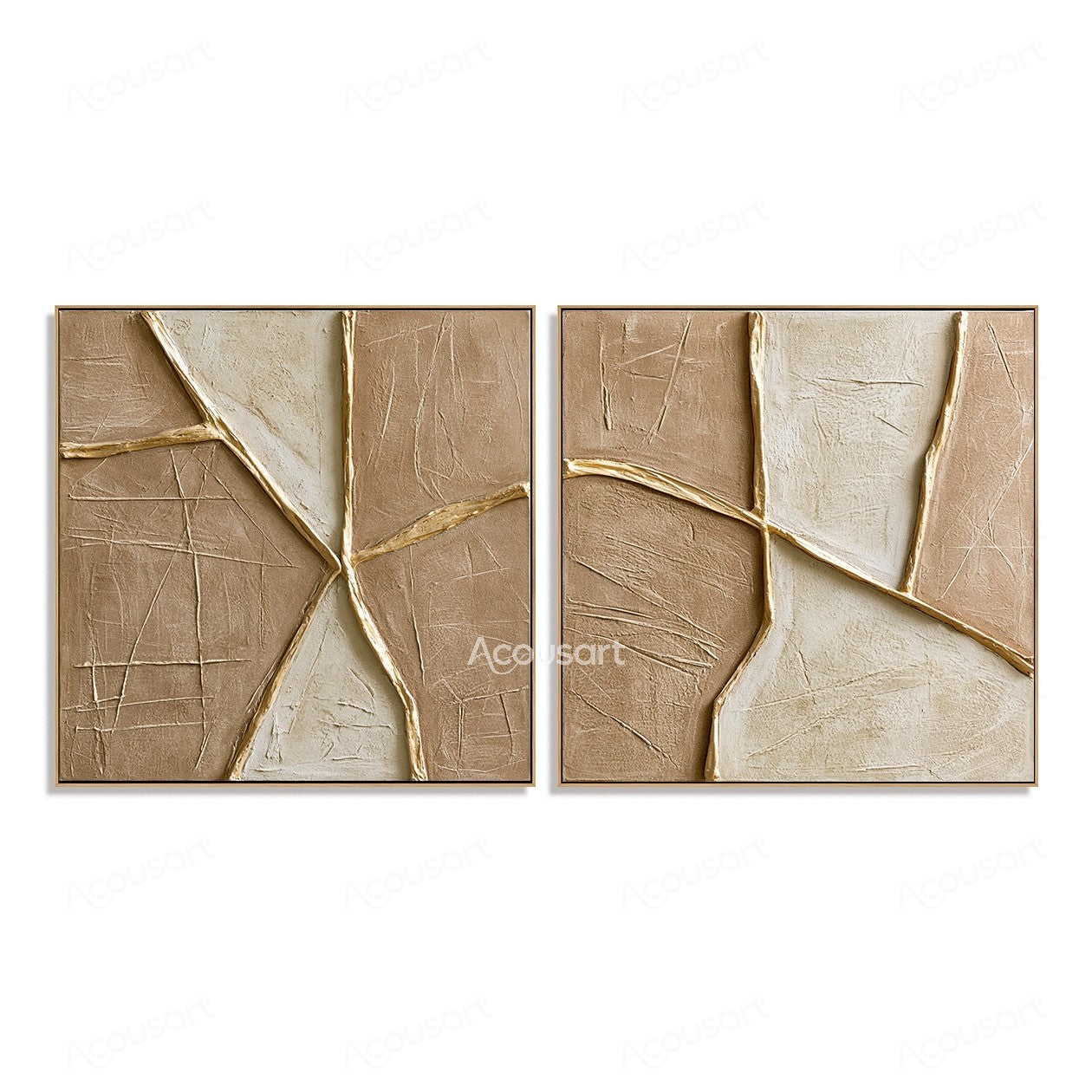 Neutral textured abstract geometric wall art set of 2 with beige tones and raised gold lines