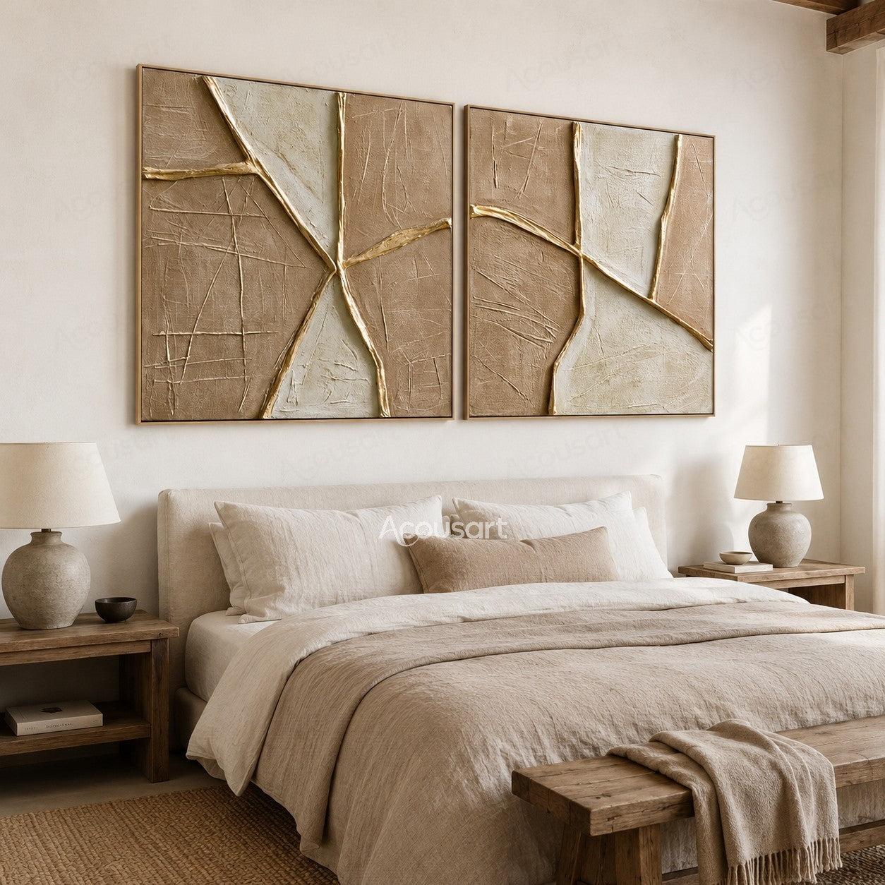 Neutral textured abstract geometric wall art set of 2 with beige tones and raised gold lines