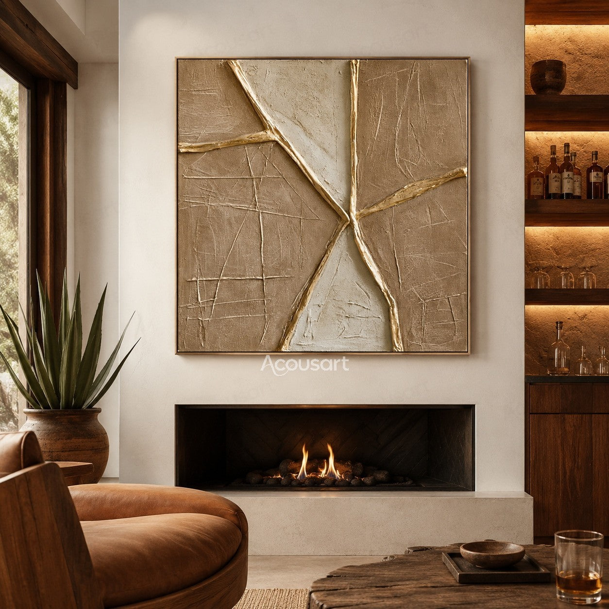 Neutral textured abstract geometric wall art with beige background and raised golden lines