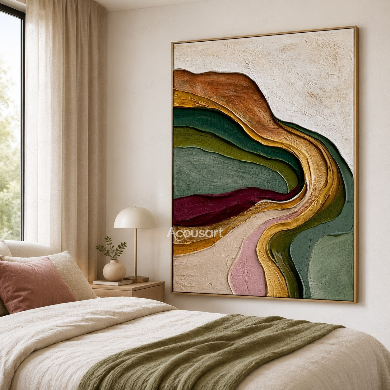 Multicolor textured abstract wall art with flowing layers of green, gold, burgundy, pink, and earthy tones