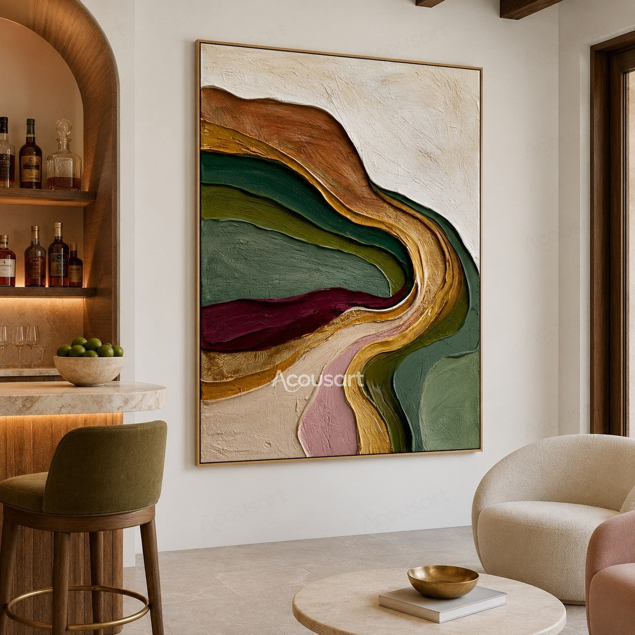 Multicolor textured abstract wall art with flowing layers of green, gold, burgundy, pink, and earthy tones