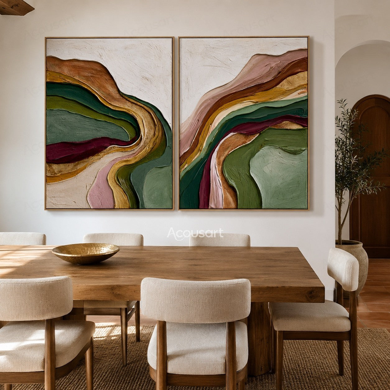 Textured abstract diptych wall art with flowing layers of green, gold, burgundy, pink, and earthy colors