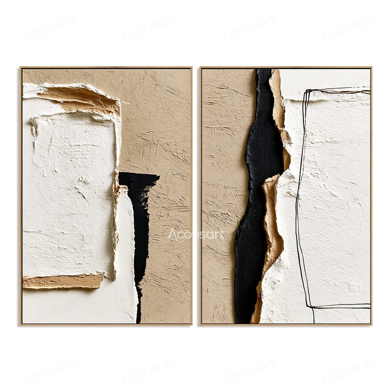 Minimalist textured abstract wall art set with beige, ivory, black layers and plaster-style details