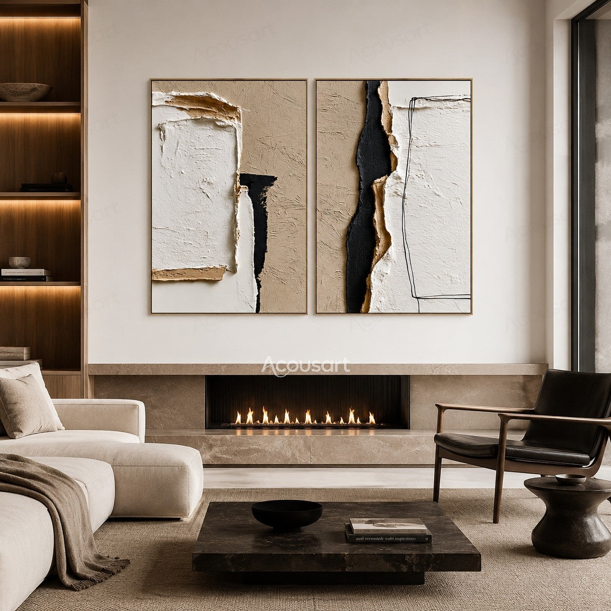 Minimalist textured abstract wall art set with beige, ivory, black layers and plaster-style details