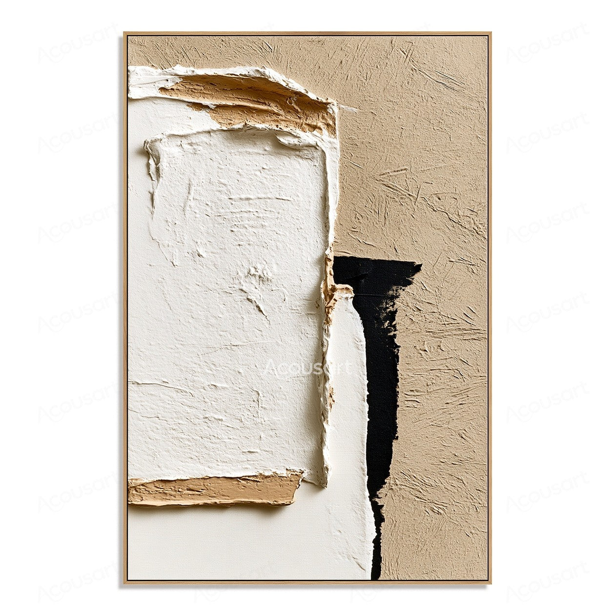 Minimalist textured abstract wall art with layered white plaster shapes, beige background, and black contrast details