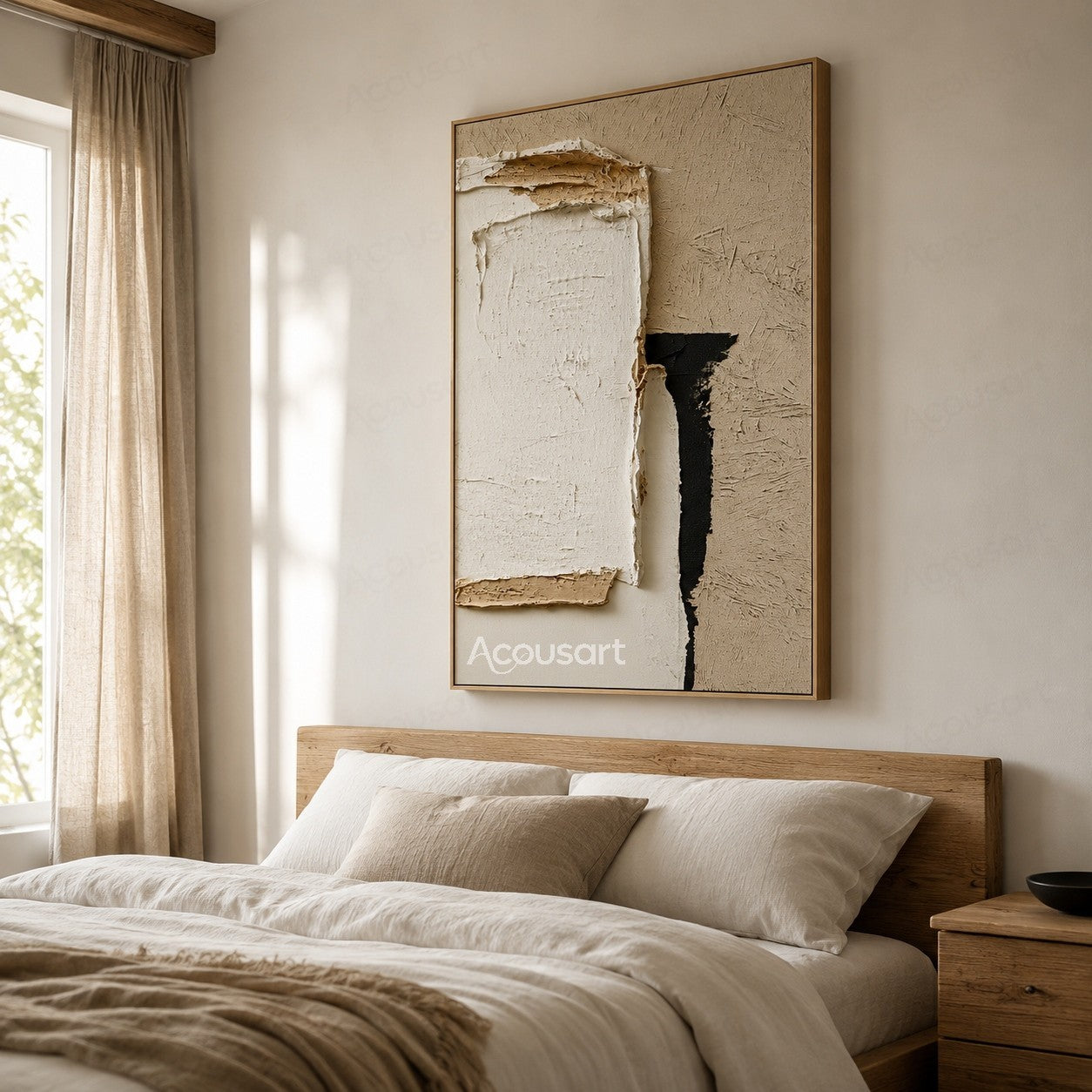 Minimalist textured abstract wall art with layered white plaster shapes, beige background, and black contrast details