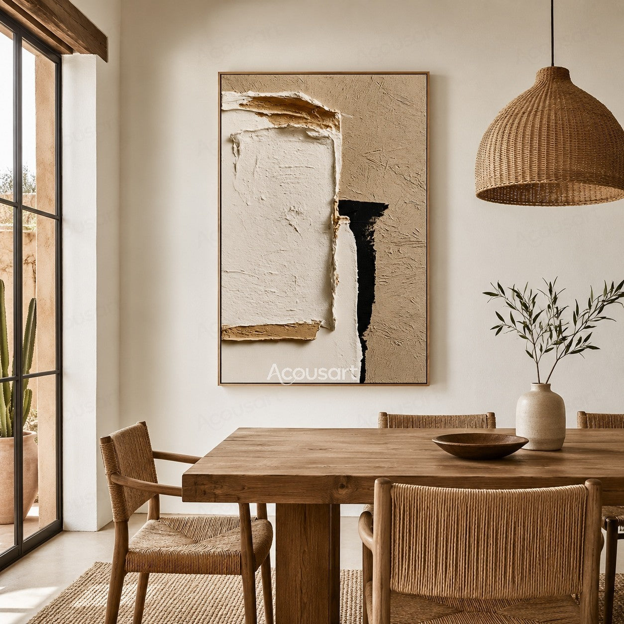 Minimalist textured abstract wall art with layered white plaster shapes, beige background, and black contrast details