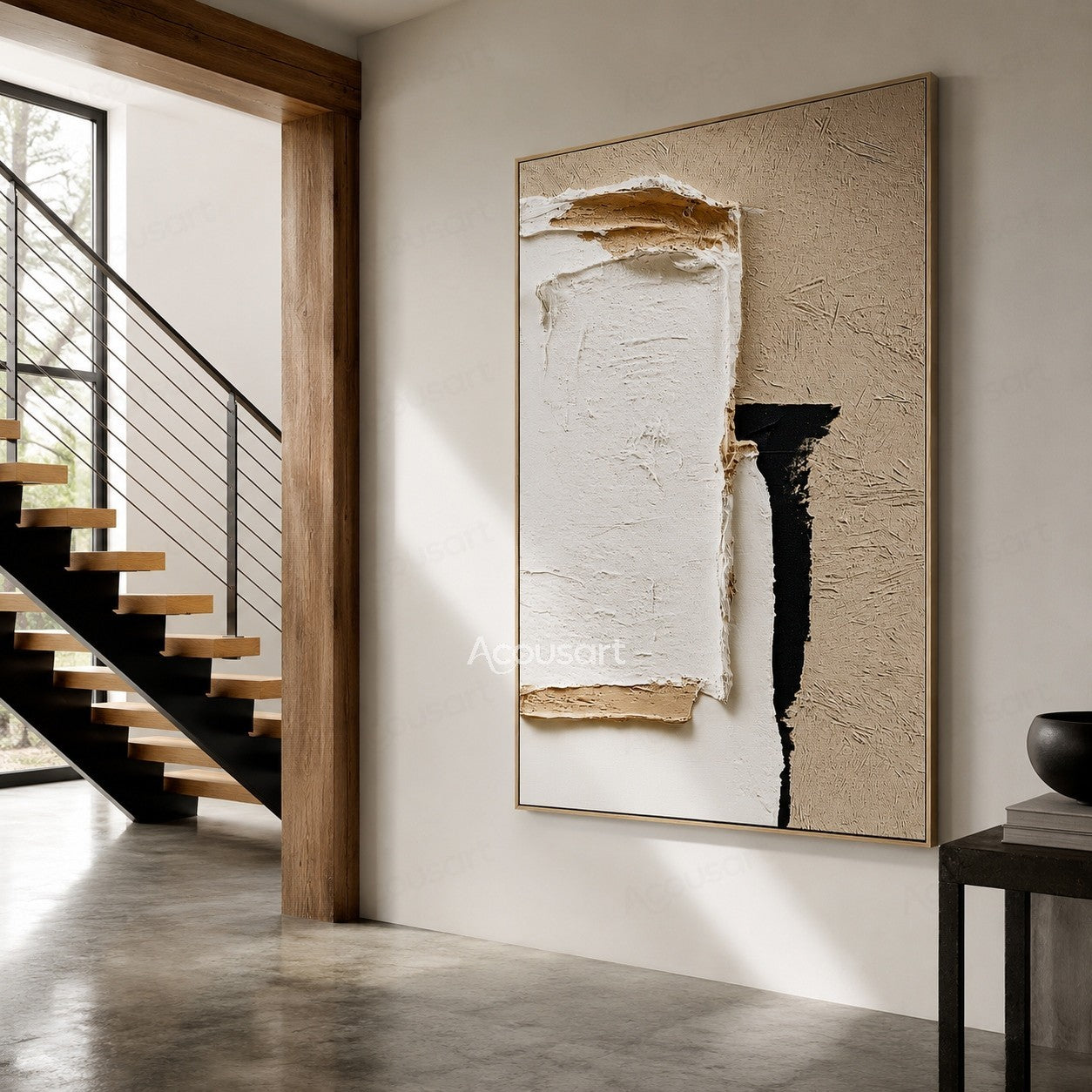 Minimalist textured abstract wall art with layered white plaster shapes, beige background, and black contrast details