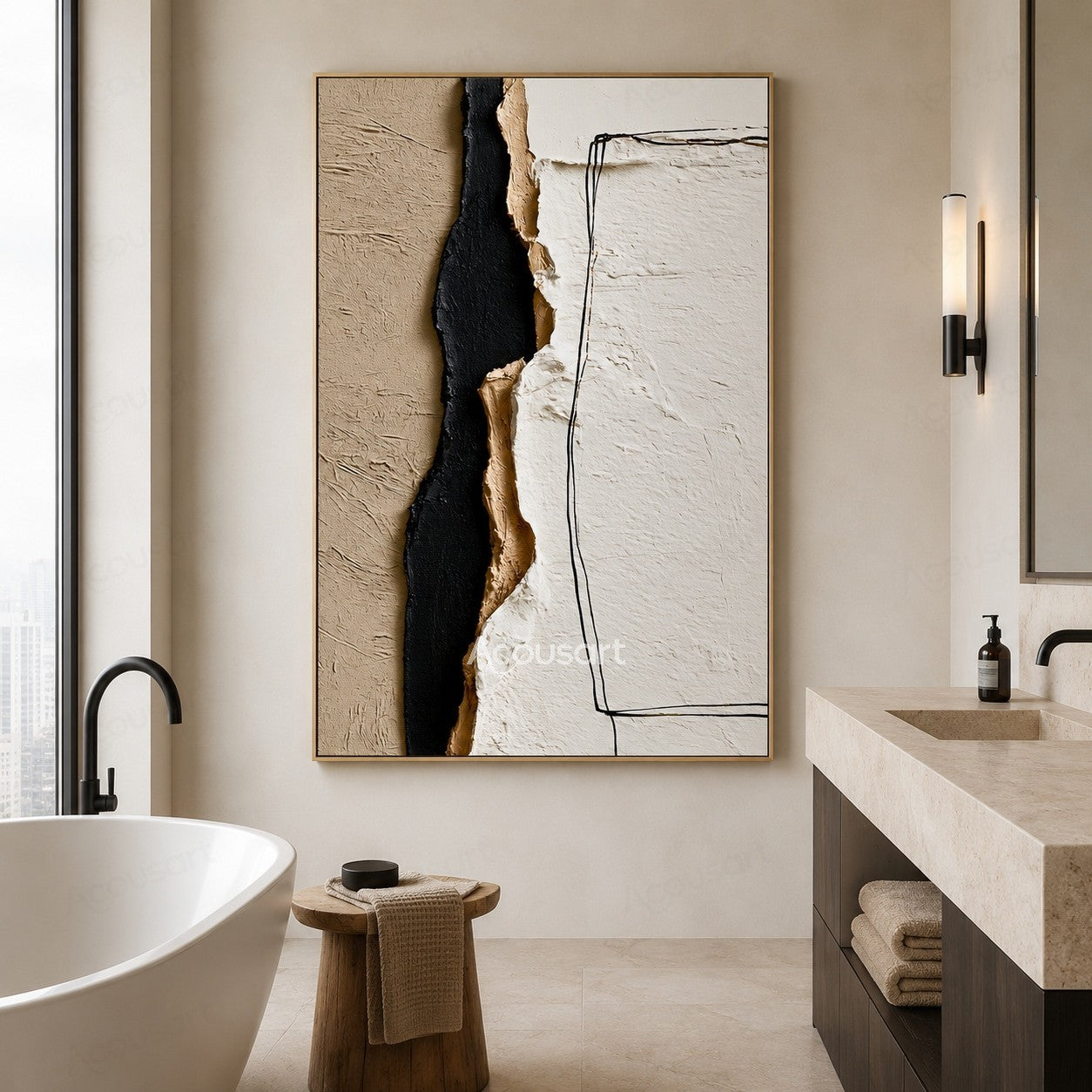 Minimalist textured abstract wall art with cream, ivory, beige, and black layered details