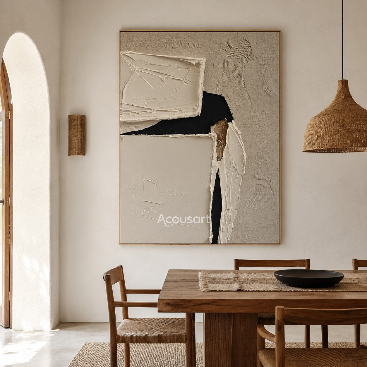 Minimalist textured abstract wall art in cream, ivory, beige, and black with layered plaster shapes