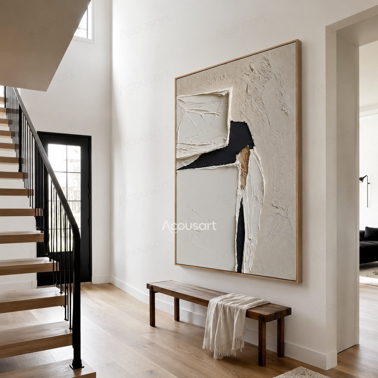 Minimalist textured abstract wall art in cream, ivory, beige, and black with layered plaster shapes