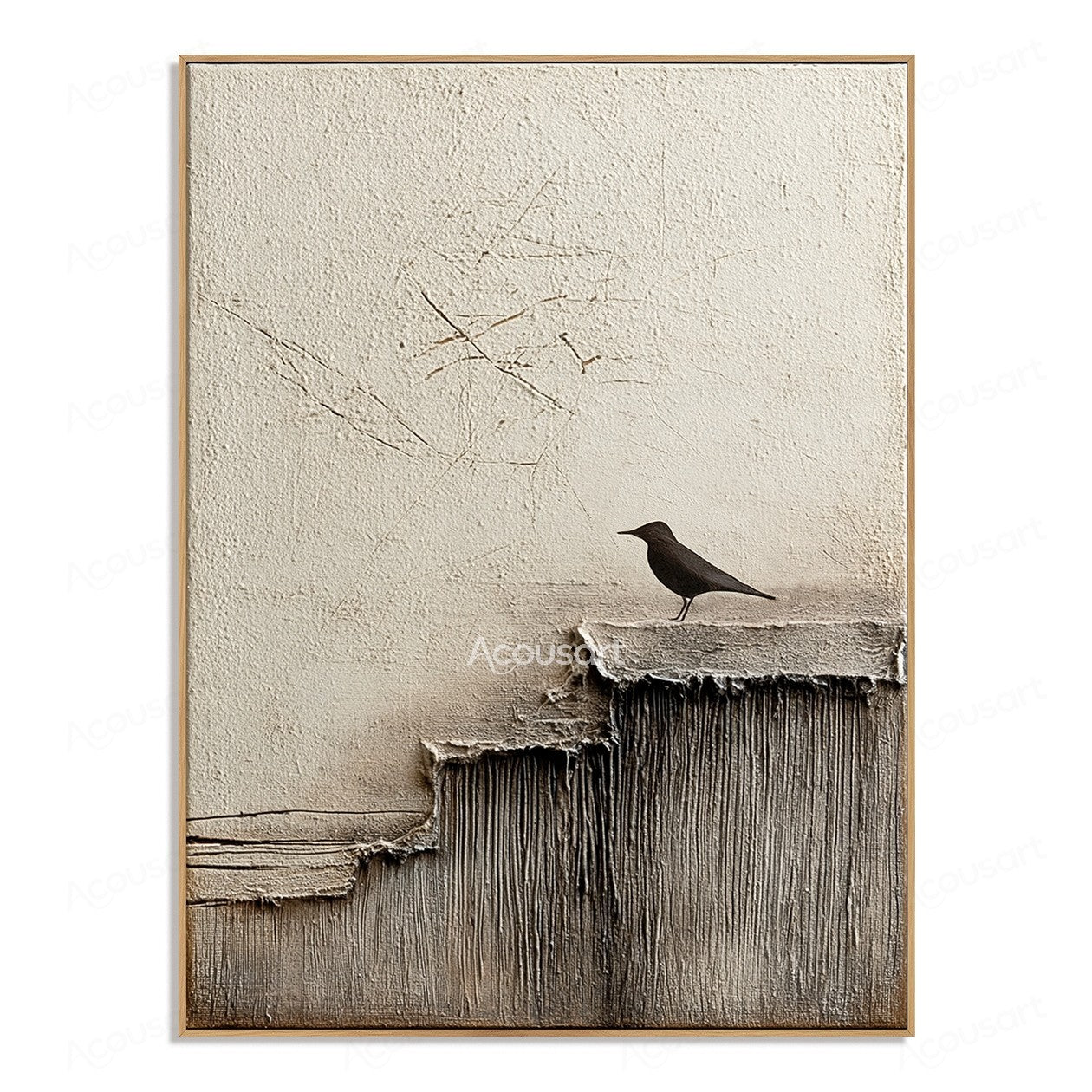 Minimalist textured bird wall art with a black bird standing on a layered cliff with neutral tones